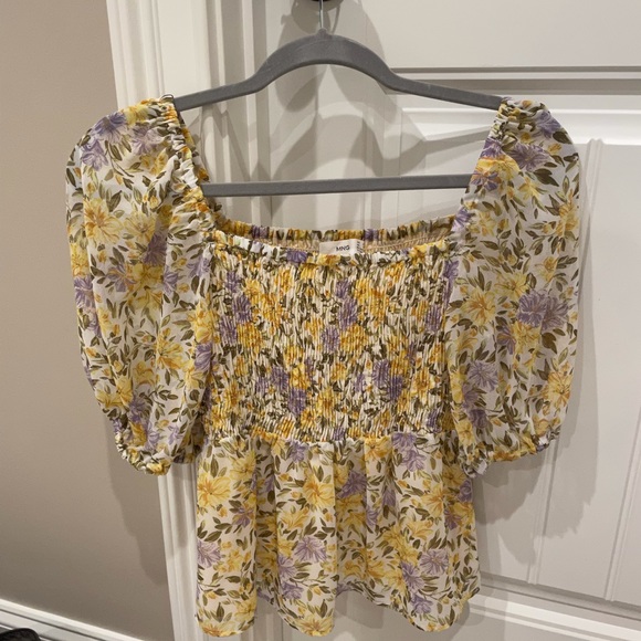Mango Tops - Yellow lilac floral print blouse - MANGO